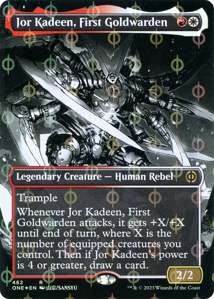 Jor Kadeen, First Goldwarden (Borderless Manga Step-and-Compleat Foil) [Phyrexia: All Will Be One] | Cards and Coasters CA