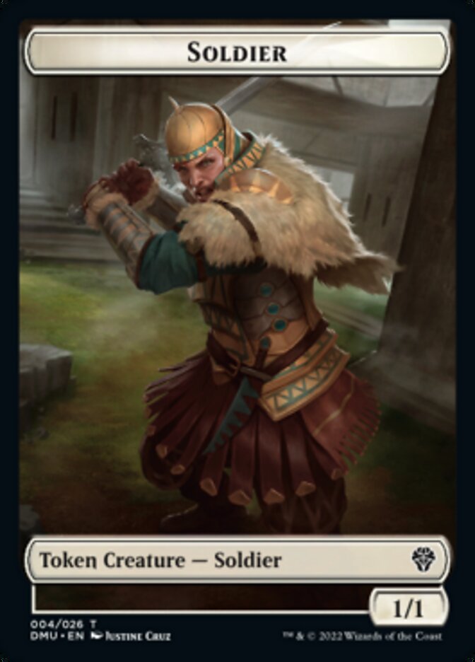 Soldier // Ajani, Sleeper Agent Emblem Double-sided Token [Dominaria United Tokens] | Cards and Coasters CA