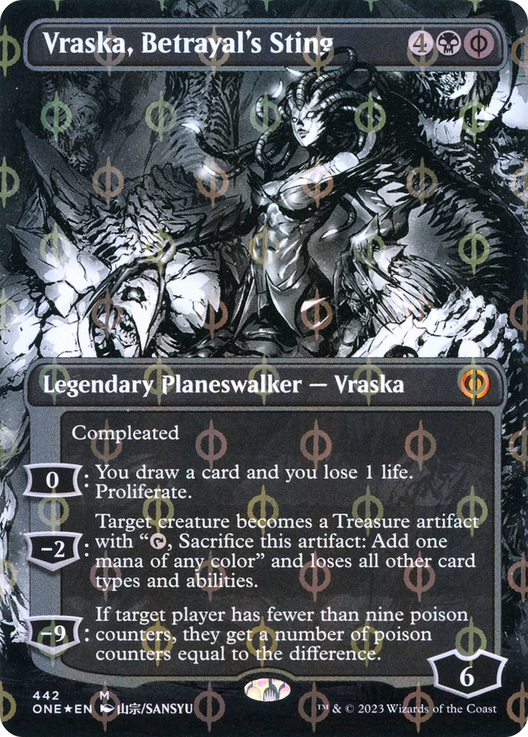 Vraska, Betrayal's Sting (Borderless Manga Step-and-Compleat Foil) [Phyrexia: All Will Be One] | Cards and Coasters CA