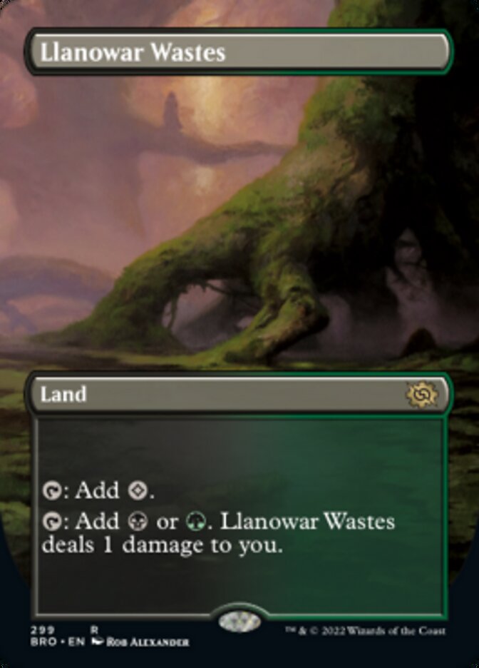 Llanowar Wastes (Borderless Alternate Art) [The Brothers' War] | Cards and Coasters CA