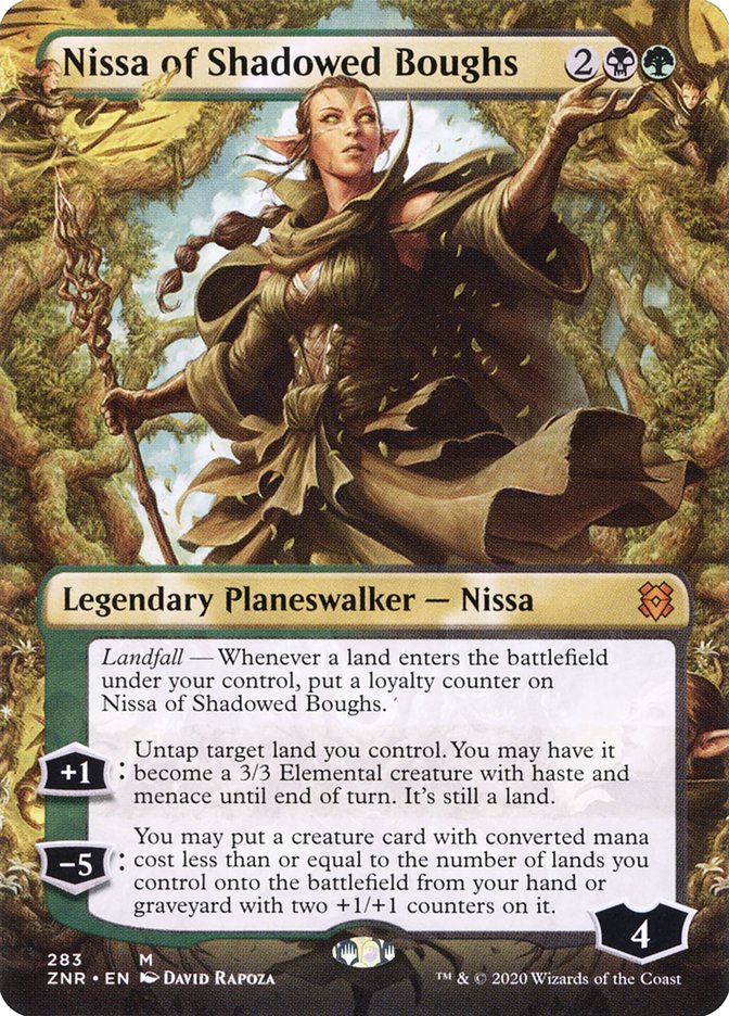 Nissa of Shadowed Boughs (Borderless) [Zendikar Rising] | Cards and Coasters CA