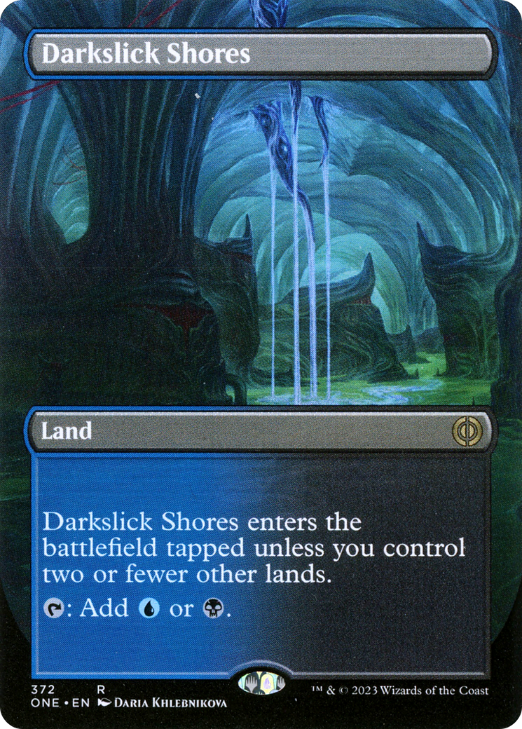 Darkslick Shores (Borderless Alternate Art) [Phyrexia: All Will Be One] | Cards and Coasters CA