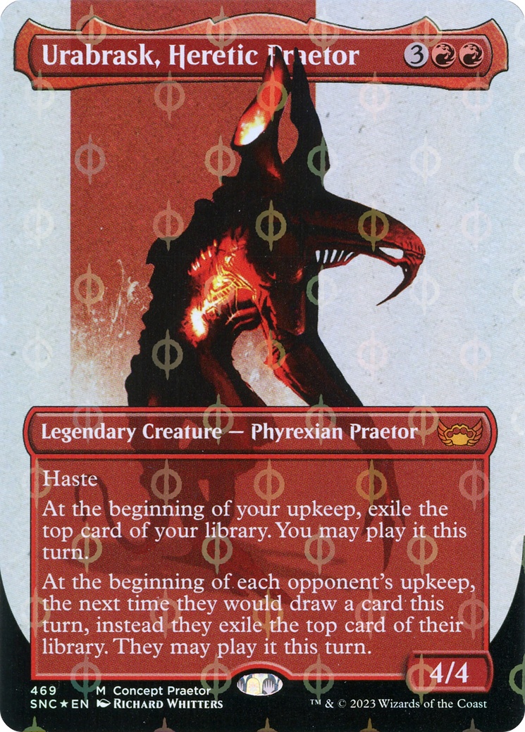 Urabrask, Heretic Praetor (Borderless Concept Praetors Step-and-Compleat Foil) [Phyrexia: All Will Be One] | Cards and Coasters CA