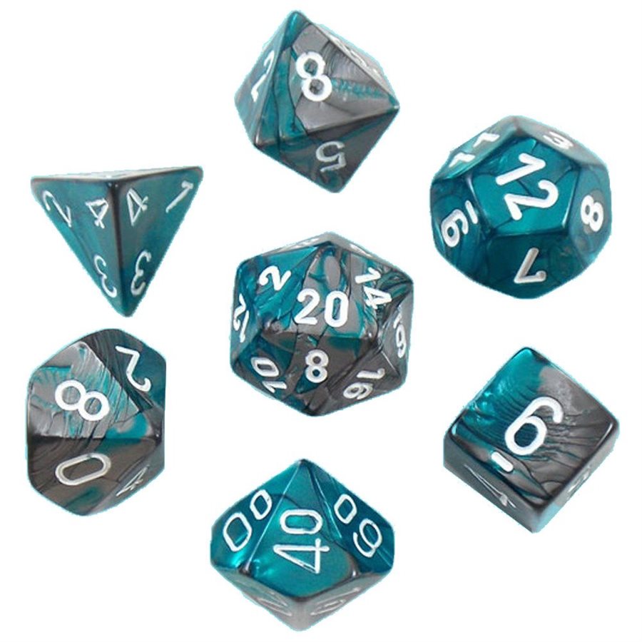 Gemini: Mini 7pc Polyhedral Steel-Teal / white | Cards and Coasters CA