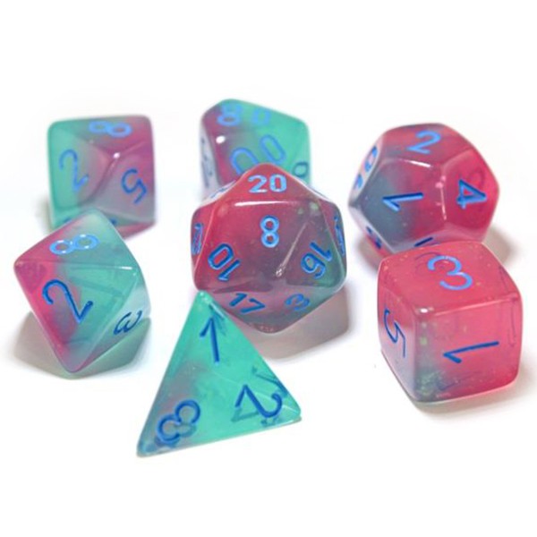 Chessex Gemini Gel Green Pink Blue set of 7 dice | Cards and Coasters CA