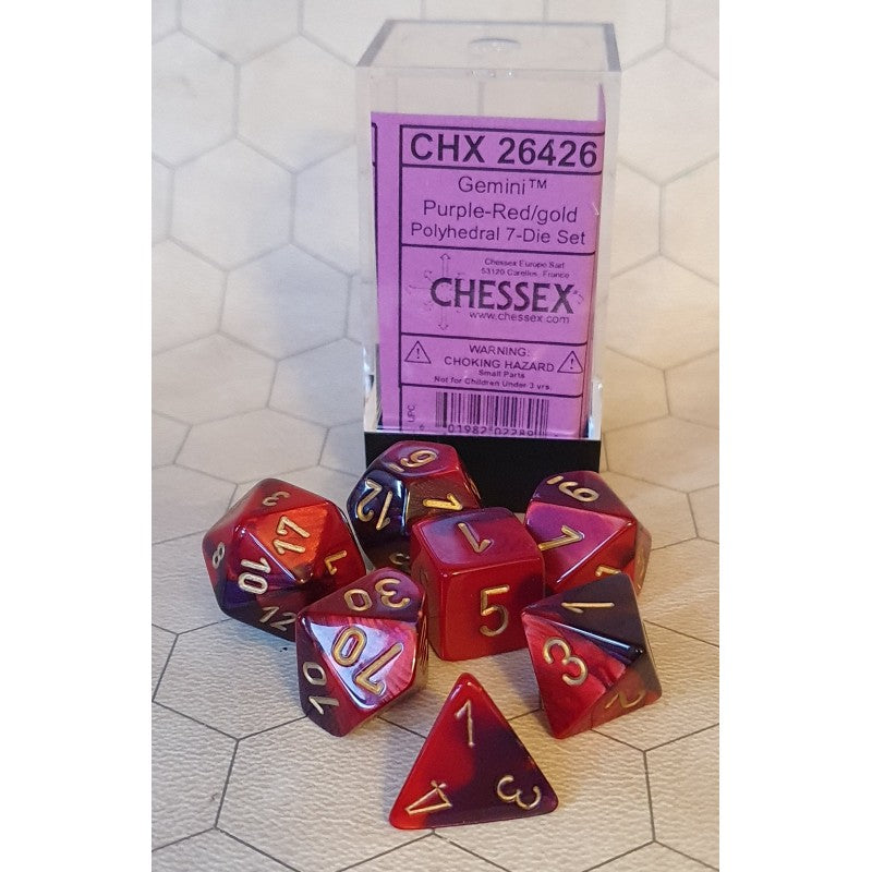 Gemini: Mini 7pc Polyhedral Purple-Red / gold | Cards and Coasters CA