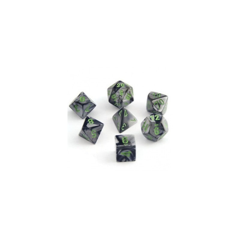Gemini: Mini 7pc Polyhedral Black-Grey / green | Cards and Coasters CA