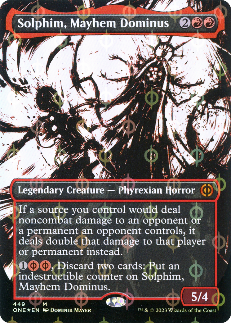 Solphim, Mayhem Dominus (Borderless Ichor Step-and-Compleat Foil) [Phyrexia: All Will Be One] | Cards and Coasters CA