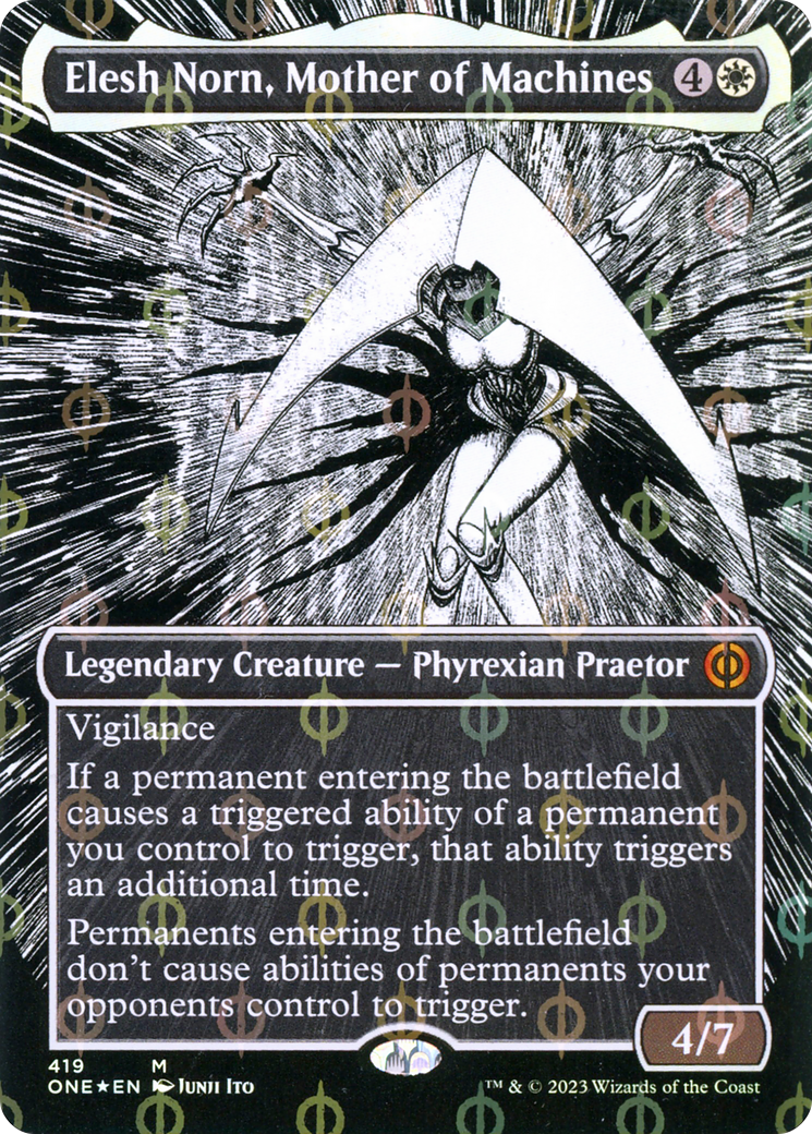 Elesh Norn, Mother of Machines (Borderless Manga Step-and-Compleat Foil) [Phyrexia: All Will Be One] | Cards and Coasters CA