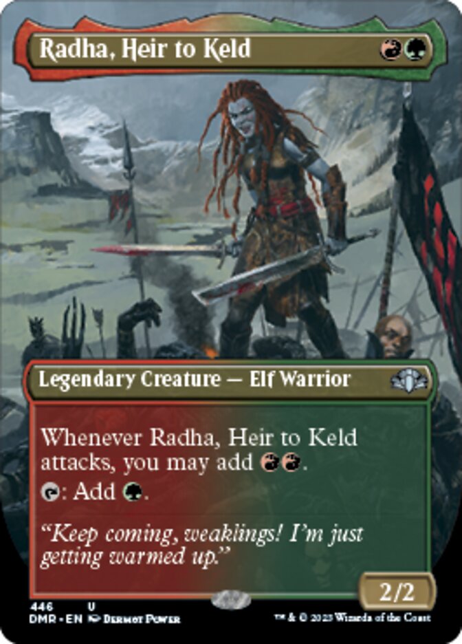 Radha, Heir to Keld (Borderless Alternate Art) [Dominaria Remastered] | Cards and Coasters CA