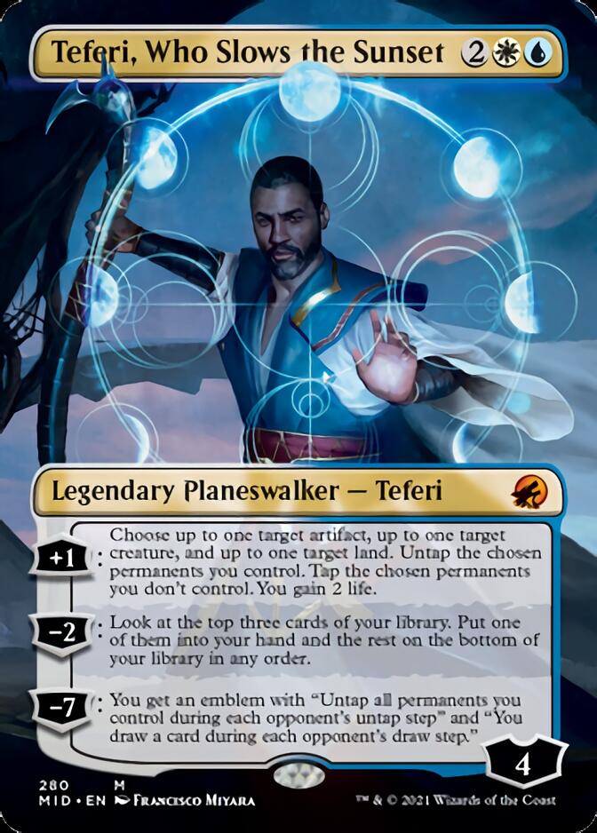 Teferi, Who Slows the Sunset (Borderless) [Innistrad: Midnight Hunt] | Cards and Coasters CA