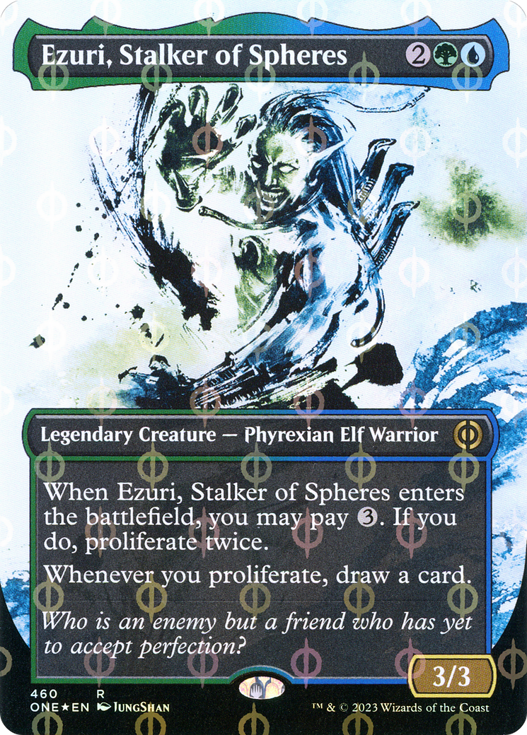 Ezuri, Stalker of Spheres (Borderless Ichor Step-and-Compleat Foil) [Phyrexia: All Will Be One] | Cards and Coasters CA