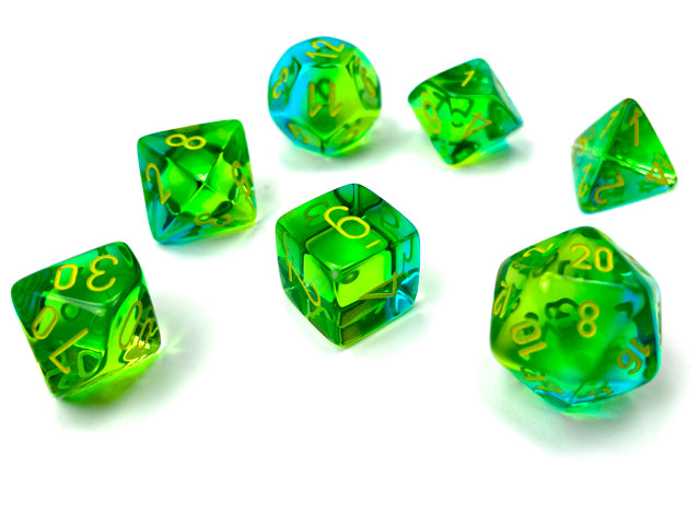 Gemini: 7Pc Polyhedral Translucent Green-Teal / Yellow | Cards and Coasters CA