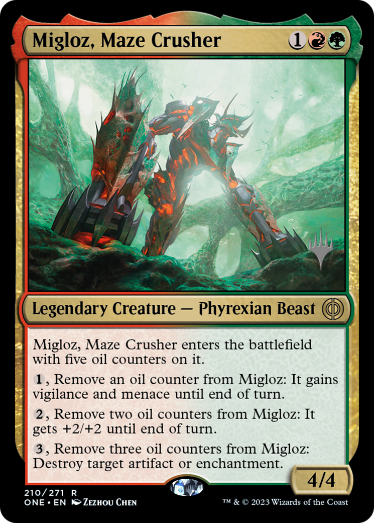 Migloz, Maze Crusher (Promo Pack) [Phyrexia: All Will Be One Promos] | Cards and Coasters CA