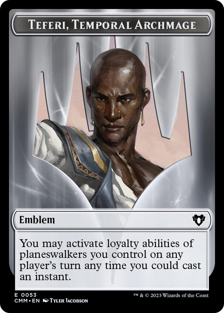Clue // Emblem - Teferi, Temporal Archmage Double-Sided Token [Commander Masters Tokens] | Cards and Coasters CA