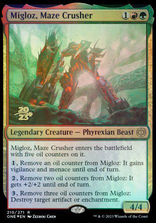 Migloz, Maze Crusher [Phyrexia: All Will Be One Prerelease Promos] | Cards and Coasters CA