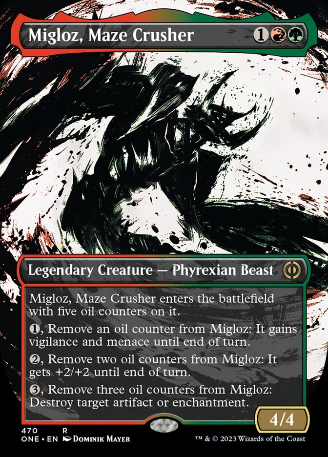 Migloz, Maze Crusher (Borderless Ichor Step-and-Compleat Foil) [Phyrexia: All Will Be One] | Cards and Coasters CA