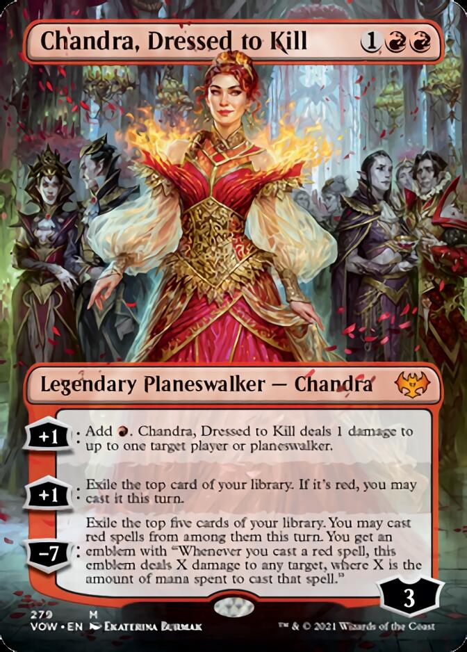 Chandra, Dressed to Kill (Borderless) [Innistrad: Crimson Vow] | Cards and Coasters CA