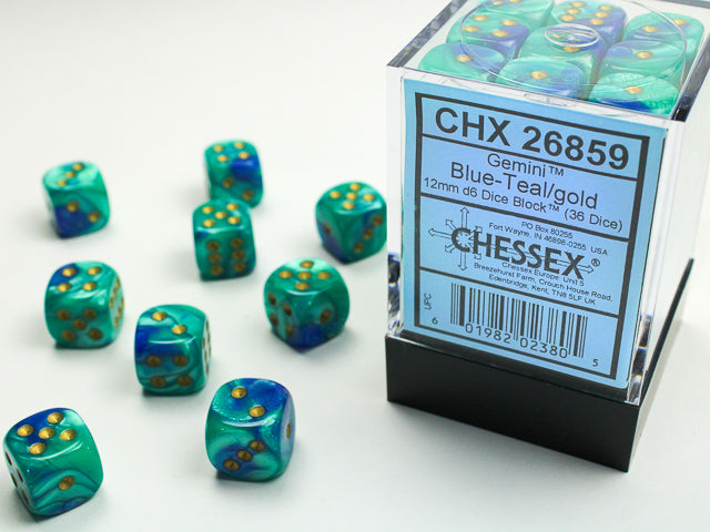 Chessex Gemini 36 D6 Cube - Teal/Blue/Gold 12 mm | Cards and Coasters CA