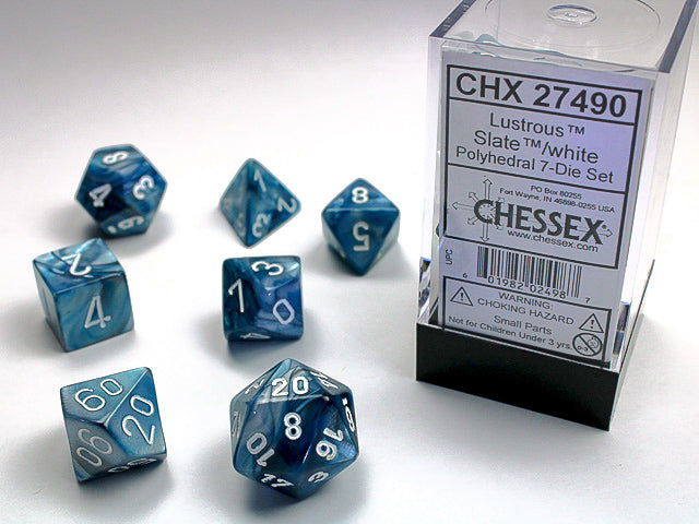 Chessex - Lustrous Set of 7 RPG dice set - Slate/White | Cards and Coasters CA