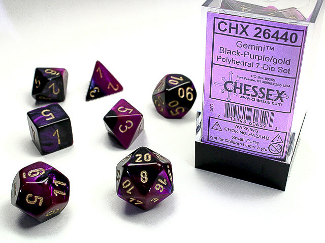 Chessex - Gemini - Gemini Set of 7 Black/Purple/Gold | Cards and Coasters CA