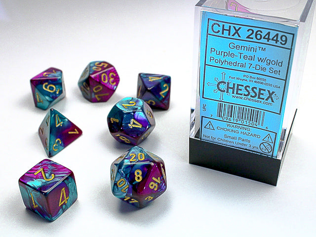 Chessex - Gemini Set of 7 RPG dice - Purple/Teal/Gold | Cards and Coasters CA