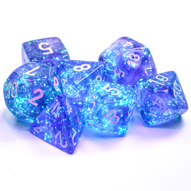 Chessex - Borealis - Set of 7 Dice set - Purple/White | Cards and Coasters CA