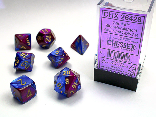 Chessex Gemini 7 piece RPG set - Blue/Purple/Gold | Cards and Coasters CA