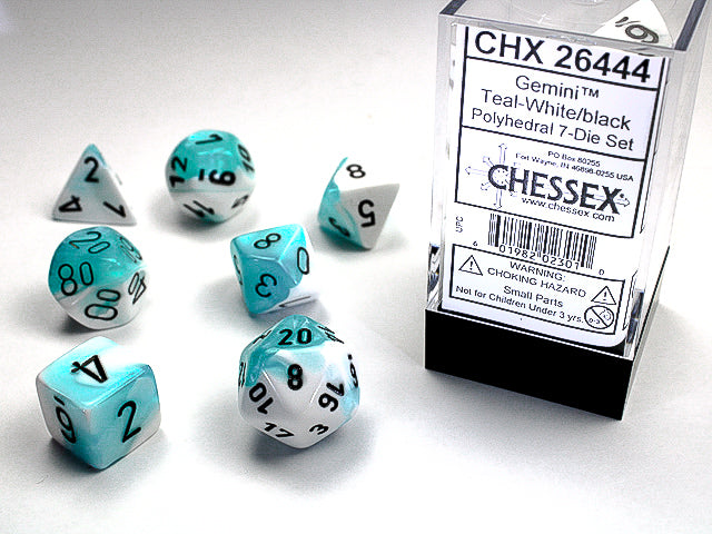 Chessex Gemini - Set of 7 RPG dice - White/Teal/Black | Cards and Coasters CA