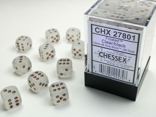 Chessex D6 Cube (12mm) Frosted Clear/Black | Cards and Coasters CA