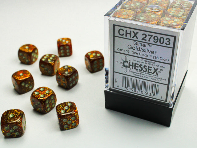 Chessex D6 Cube (12mm) Glitter Gold/Silver | Cards and Coasters CA
