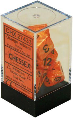 Chessex Vortex Orange/Black Set of 7 Dice | Cards and Coasters CA