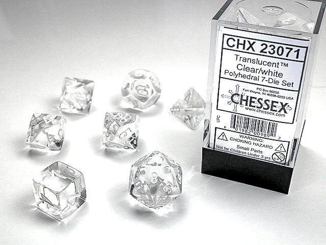 Chessex Translucent Clear/White Set of 7 Dice | Cards and Coasters CA