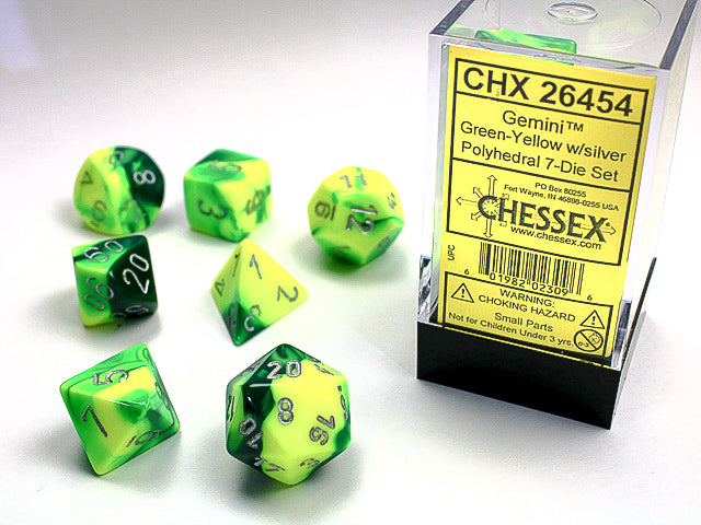 Chessex Gemini Green/Yellow Silver Set of 7 Dice | Cards and Coasters CA