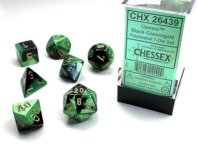 Chessex Gemini Black/Green Gold Set of 7 Dice | Cards and Coasters CA