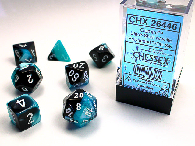 Chessex Gemini - Black-Shell white Set of 7 Dice | Cards and Coasters CA