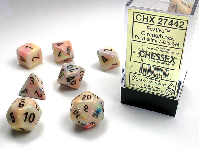 Chessex Festive Circus/Black Set of 7 Dice | Cards and Coasters CA