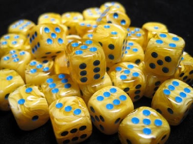Chessex set of 36 D6 - Yellow with Blue | Cards and Coasters CA