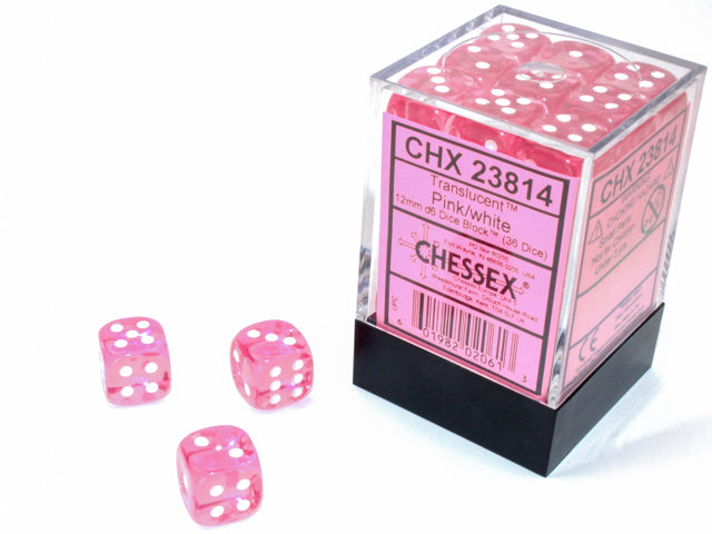 Chessex 36 D6 Dice - Translucent Pink/White | Cards and Coasters CA
