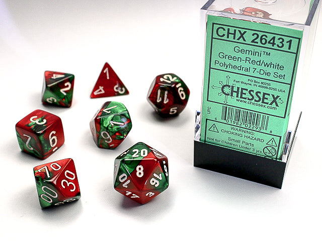 Chessex Gemini Green-Red/White set of 7 dice | Cards and Coasters CA