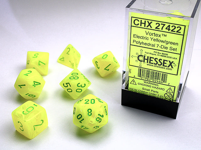 Chessex Vortex Electric Yellow/Green Set of 7 Dice | Cards and Coasters CA