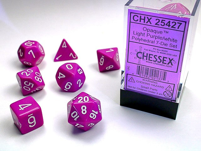 Chessex Opaque Light Purple/White Set of 7 Dice | Cards and Coasters CA