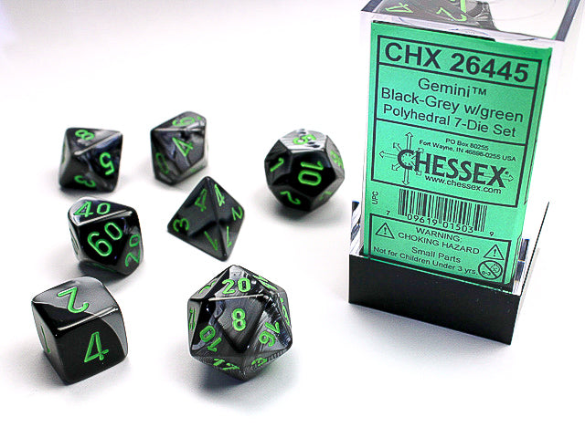 Chessex Gemini Black-Grey with Green 7 Set of dice | Cards and Coasters CA
