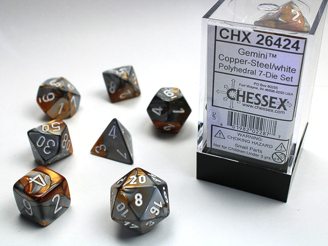 Chessex Gemini Copper-Steel/White Set of 7 Dice | Cards and Coasters CA