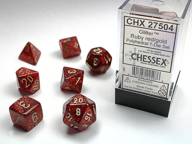 Chessex Glitter Ruby Red/Gold 7 dice | Cards and Coasters CA