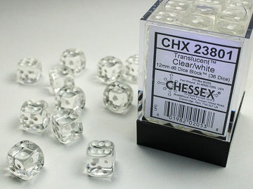 Chessex D6 Cube (12mm) Translucent Clear/White | Cards and Coasters CA