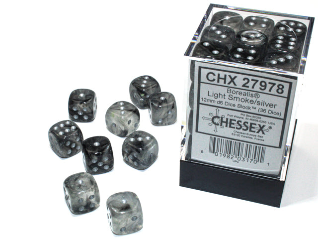 Chessex D6 Cube (12mm) - Borealis Light Smoke/Silver | Cards and Coasters CA