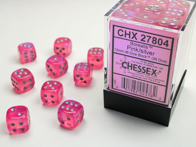 Chessex D6 Cube (12mm) - Borealis Pink/Silver | Cards and Coasters CA