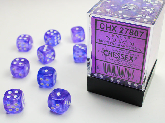 Chessex D6 Cube (12mm) - Borealis Purple/White | Cards and Coasters CA
