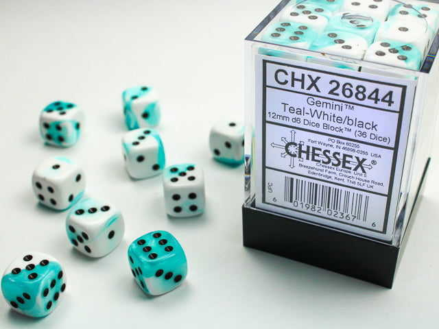 Chessex D6 Cube (12mm) - Gemini Teal-White/Black | Cards and Coasters CA